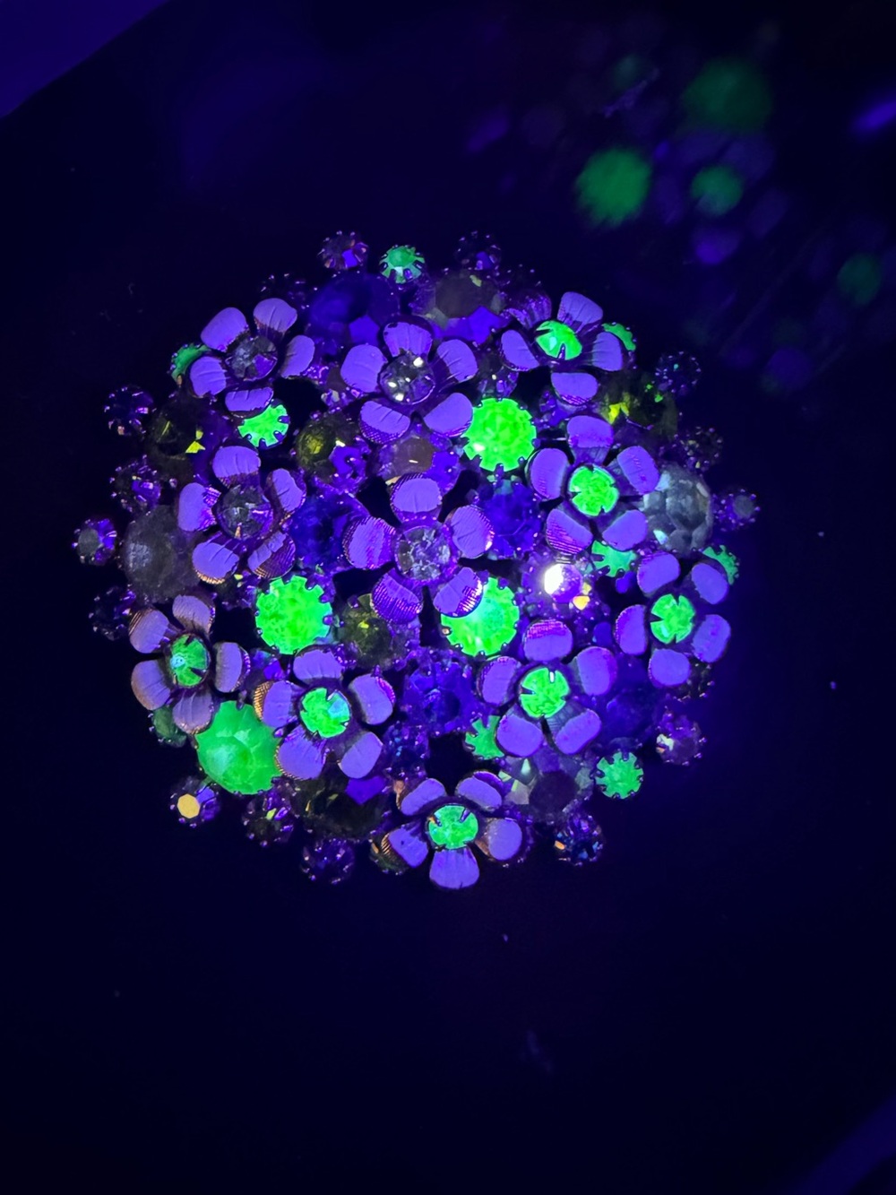 Vintage Floral Cluster Brooch with Uranium Glass, Czech AB rhinestones large